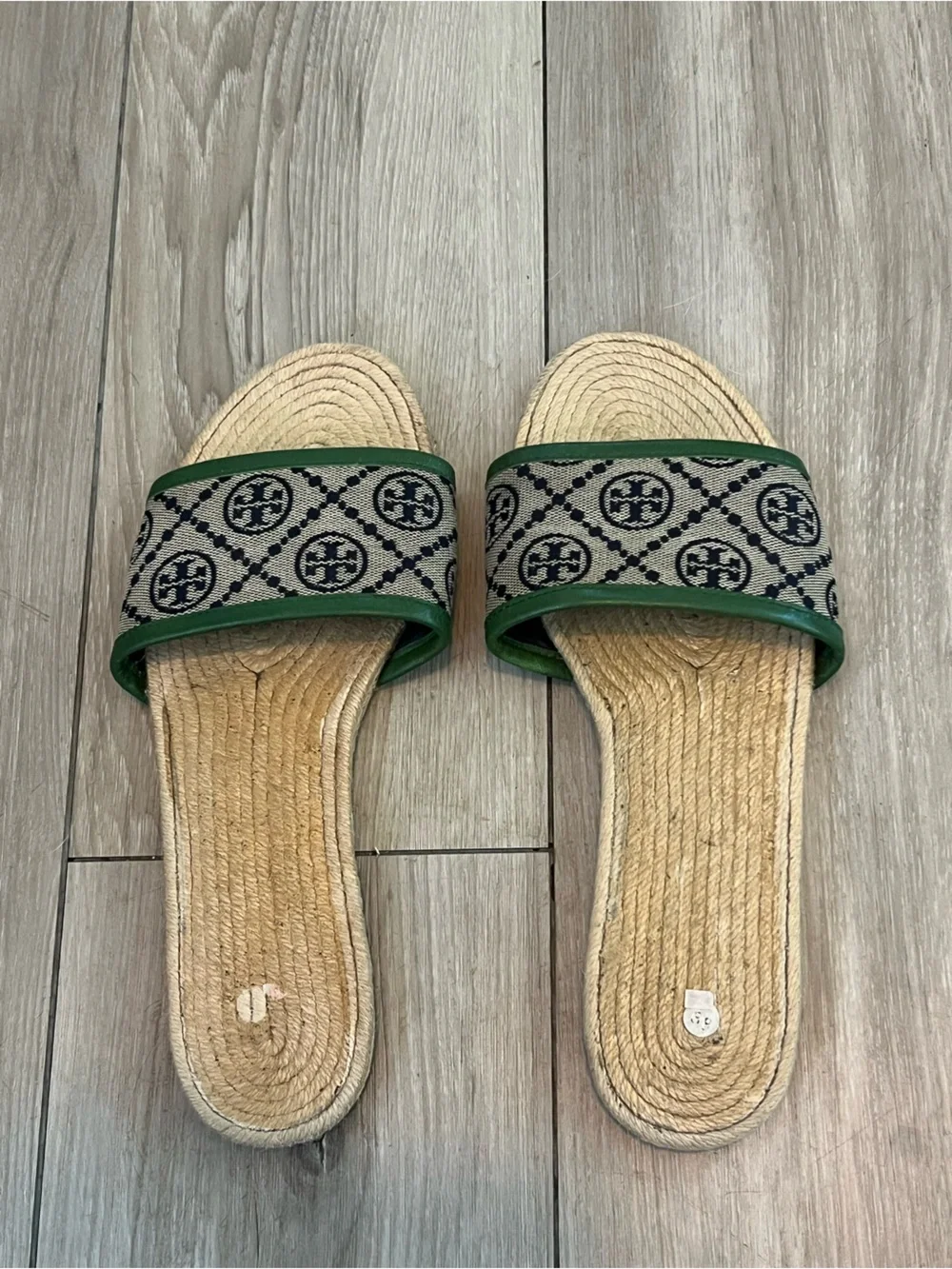 Tory Burch Monogram Espadrille Slides Sandals Green Tan Womens 8